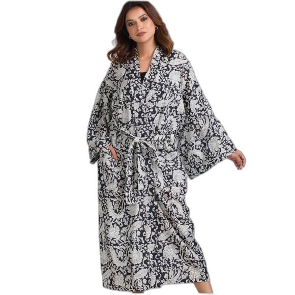 SEVYA handmade cotton kimono robe white black paisley one size fits most EUC - Picture 2 of 16